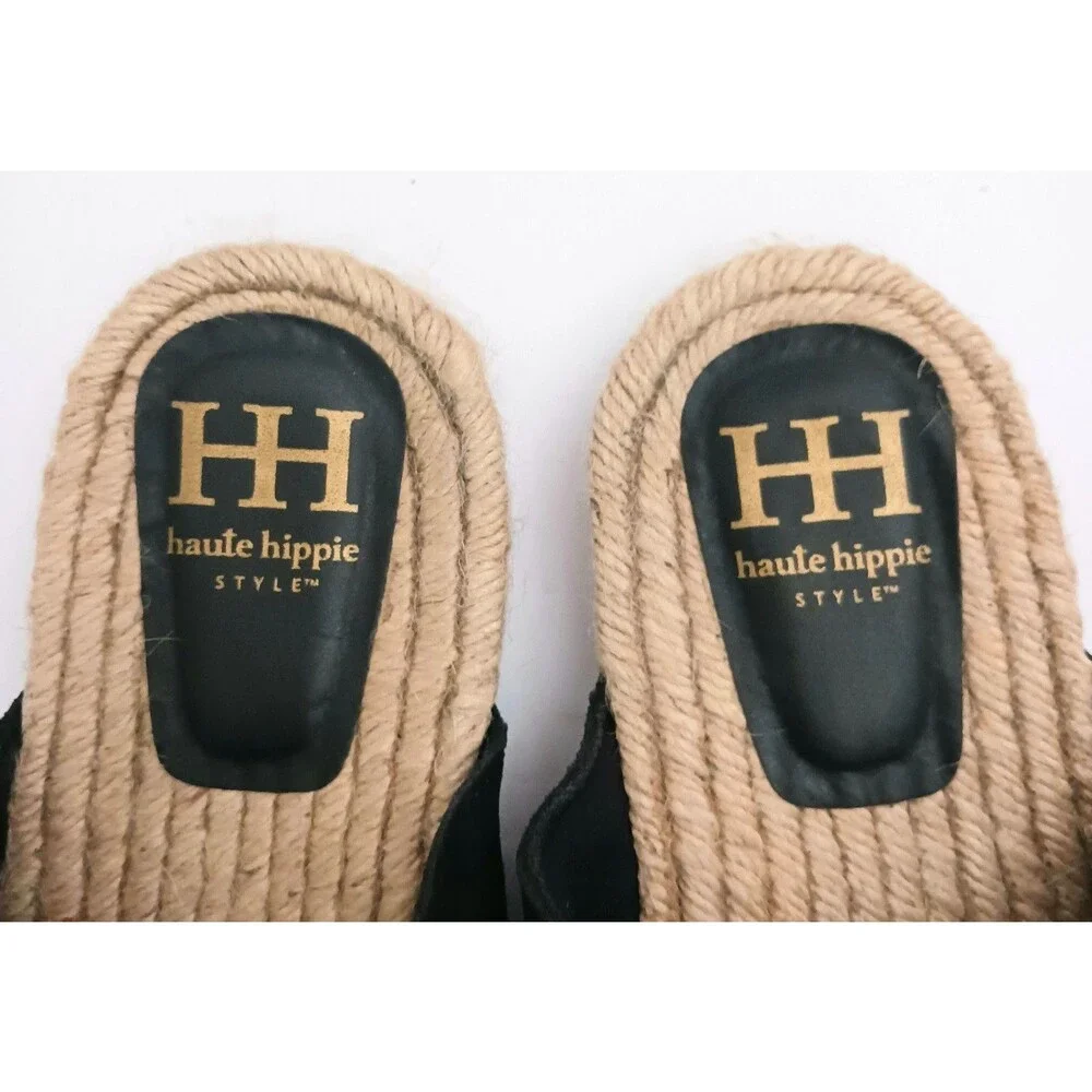 NEW Haute Hippie Blk Suede Straps Gold Buckle Flat Espadrille Slides 8.5M